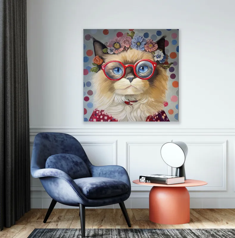 A painting of a cat with flowers in her hair and glasses by Anita Gate, Available at The Little Gallery in Whangamata