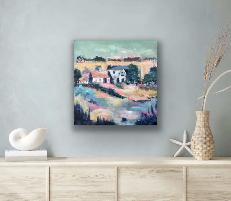 A small Acrylic painting with houses in paddocks by Kay de Blaauw, available at The Little Gallery Whangamata