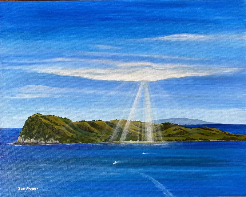An original Acrylic painting of the sunlight over Slipper Island by Sue Foster, available at The Little Gallery Tairua