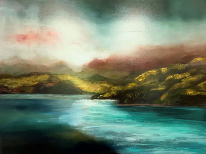 A contemporary moody landscape painting by Lyndy Wilson, available at The Little Gallery Whangamata