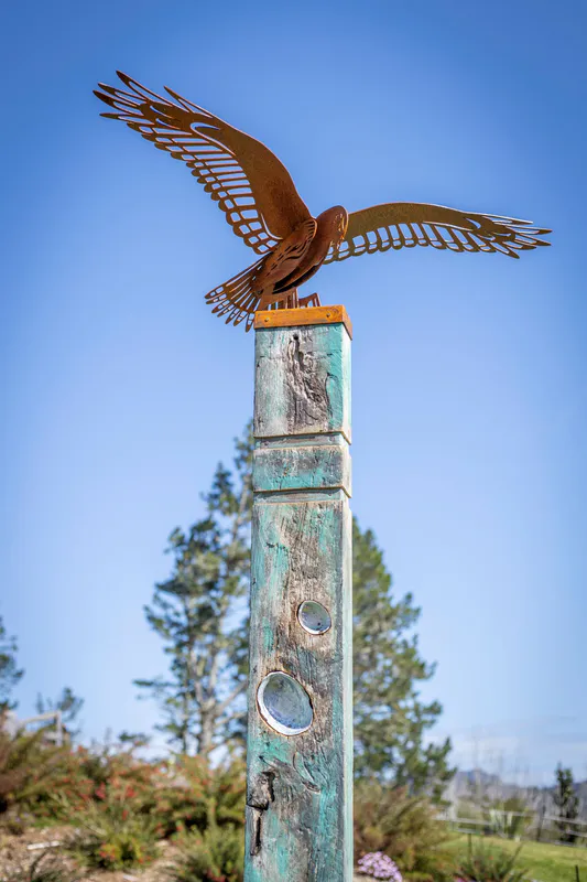 Large Corten Steel Kahu bird on Totem with Copper and Paua inserts by Rustic Soul Sculptures, available at The Little Gallery Tairua