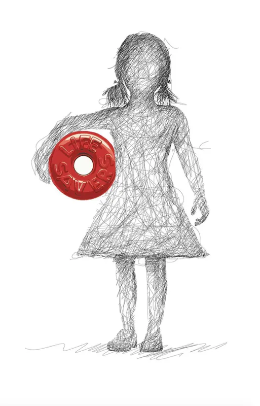 An adorable linework print with a little girl holding a lifesaver by Lisa Grennell, available at The Little Gallery Tairua