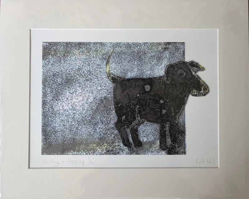 A limited edition archival print of a dog with TV static in the background by Kate Hill, available at The Little Gallery Tairua