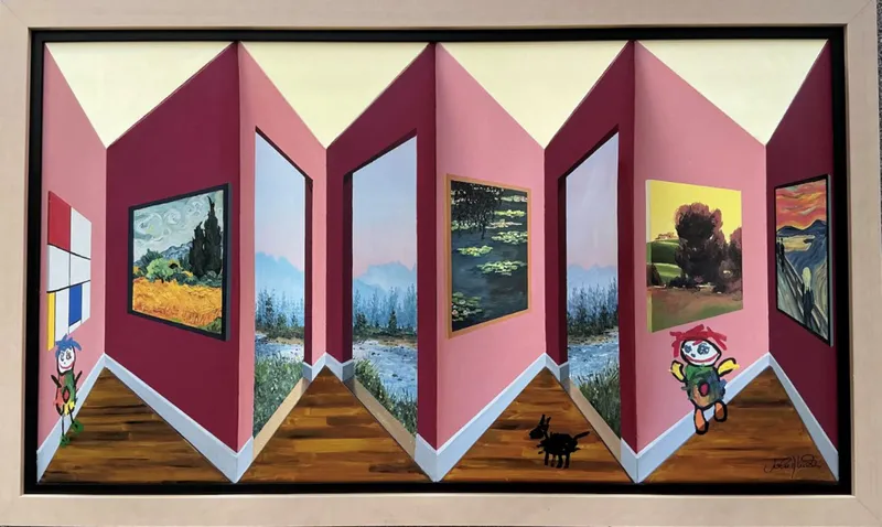 An original 3D reverse perspective artwork with bush scenes and gallery walls by John Wilson, available at The Little Gallery Tairua