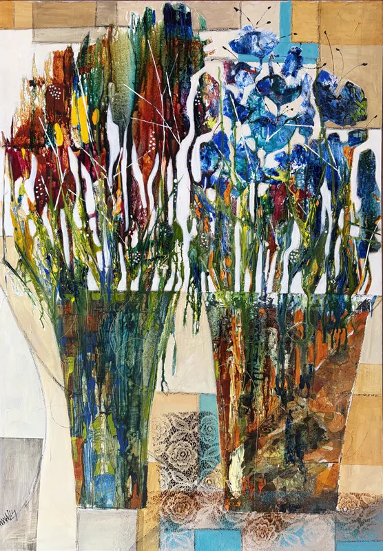 An original colourful Mixed Media painting of flowers by Wendy Walls, available at The Little Gallery Whangamata