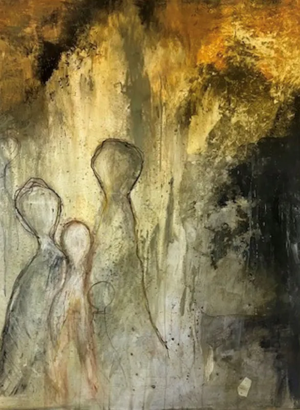 An original painting with linework figure silhouettes by Heather Watt, available at The Little Gallery Tairua