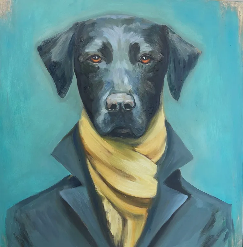 An original contemporary painting with a dog dressed in human clothes by Anita Gate, available at The Little Gallery Tairua