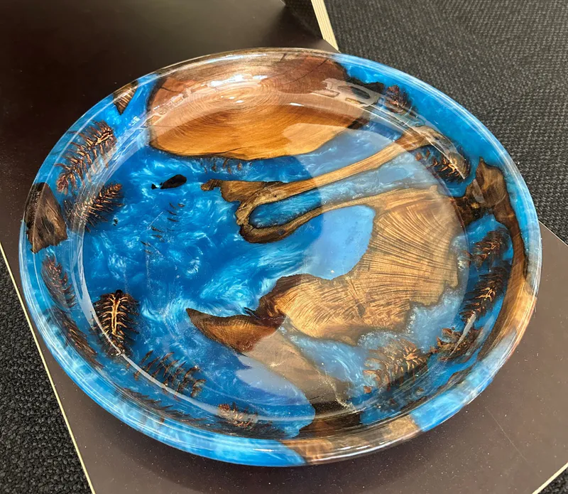 Large handmade Swamp Kauri platter with blue resin by Stephen Hodson, available at The Little Gallery Whangamata