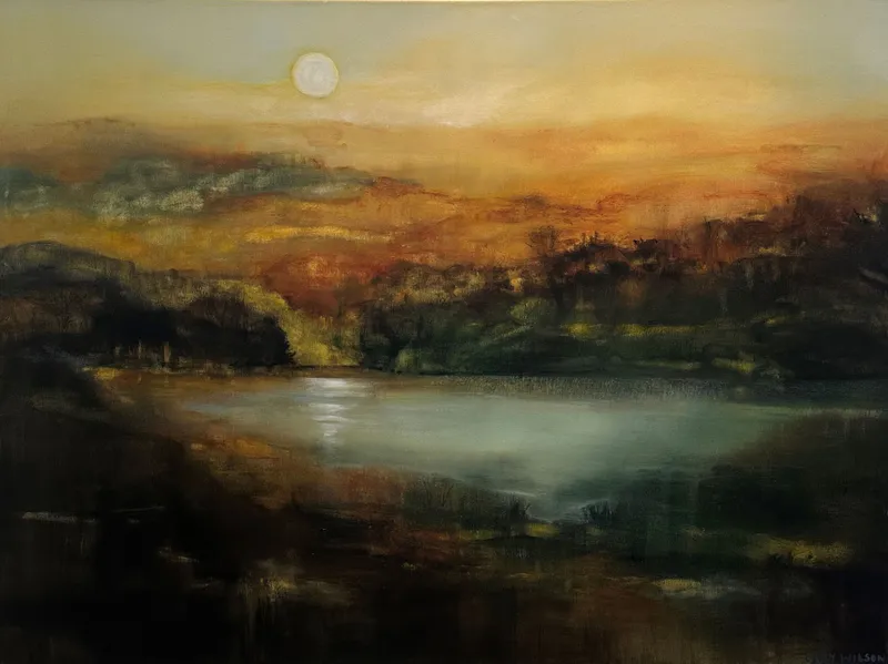 An original contemporary Acrylic painting of moonlight in a valley by Lyndy Wilson, available at The Little Gallery Tairua