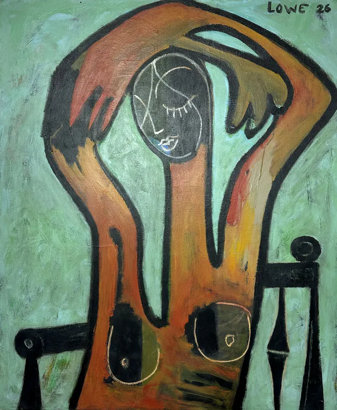 An original painting of an abstract lady by Jay Lowe, available at The Little Gallery Tairua