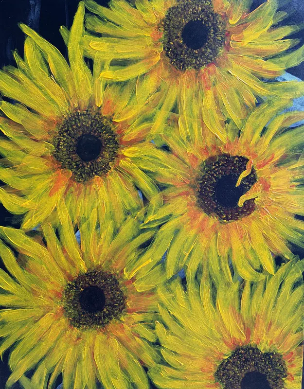 A bright and cheerful original Acrylic painting of Sunflowers by Sally Palgety, available at The Little Gallery Tairua