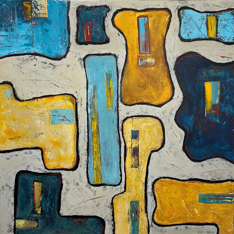 An Acrylic on canvas abstract painting with segments of blues and yellows by Vicki Morris, available at The Little Gallery Whangamata