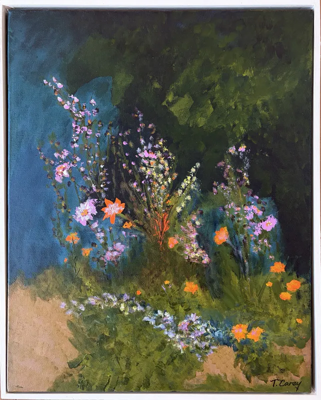 An original Acrylic painting of a dark garden scene by Tina Carey, available at The Little Gallery Tairua