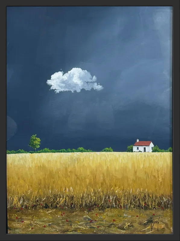 A contemporary painting with a cloud and a house by New Zealand based artist John Wilson, available from The Little Gallery Tairua