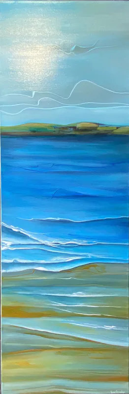 An original acrylic painting of the shoreline by New Zealand artist Lisa Ormsby, available at The Little Gallery Tairua