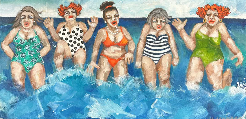A joyful painting of five ladies going for a swim at the beach by Heather Leonard, available at The Little Gallery Whangamata
