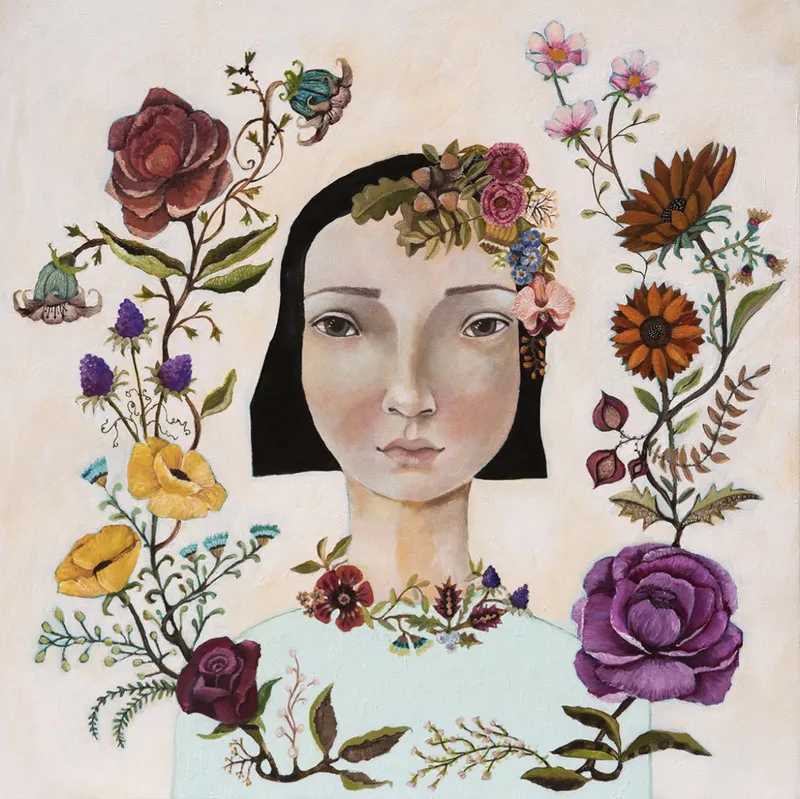 A limited edition print with a girl surrounded by flowers by Hayley Hamilton, available at The Little Gallery Tairua