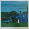 A print with a blue bach and a boat by Ruby Turner, available at The Little Gallery Whangamata