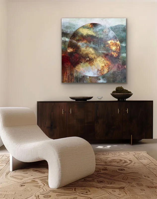 An original painting in autumn colors with moon in the foreground by Julie Whyman available at The Little Gallery in Whangamata