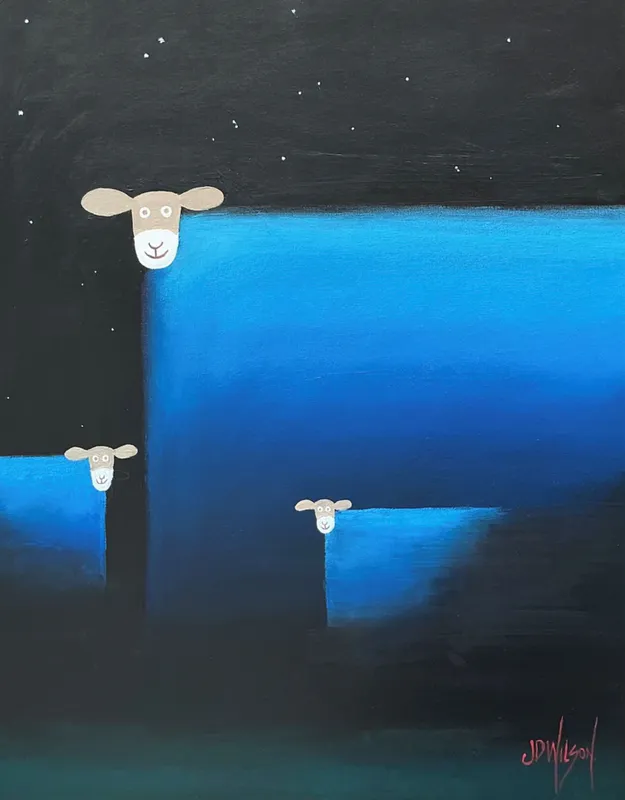 An original Oil painting with square blue cows by John Wilson, available at The Little Gallery Tairua