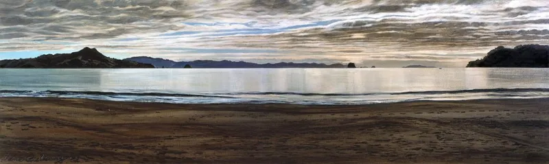 A Limited Edition fine art print of Cooks Beach in the morning by New Zealand artist Jane Galloway, available at The Little Gallery Whangamata