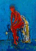 A bright painting on canvas of a lady on a chair by Artist Peter Augustin At The Little Gallery in Whangamata