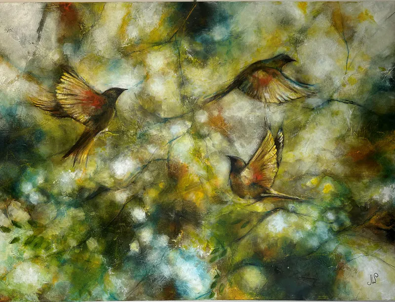 Contemporary New Zealand painting with birds by Julie Whyman displayed at The Little Gallery Whangamata