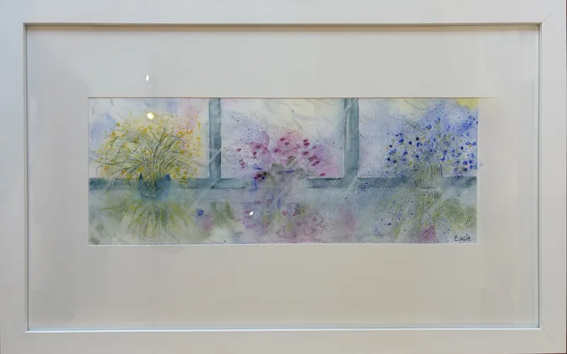 An original watercolour painting with flowers on a windowsill by Liz Hart, available at The Little Gallery Tairua