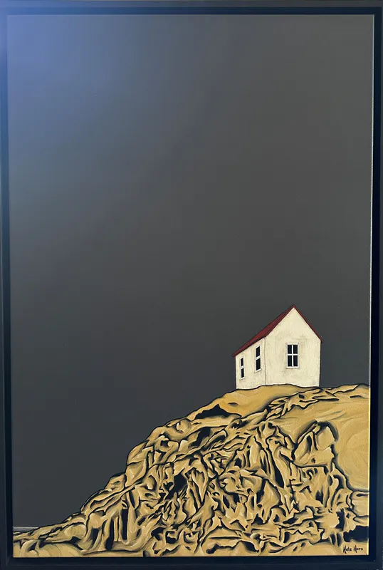 An original Acrylic painting with a house on a hill by Kate Horn, available at The Little Gallery Tairua
