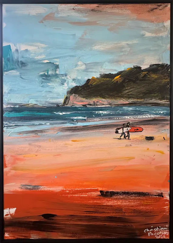 An original painting with surfers by Christian Nicolson, available at The Little Gallery Whangamatā
