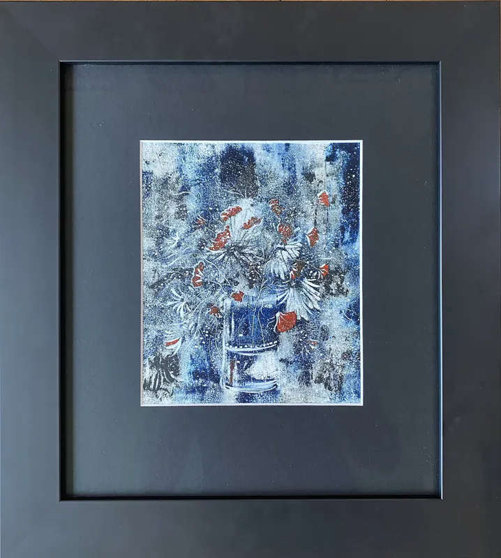 An original Etching Ink on Glouache of flowers in a vase by Liz Hart, available at The Little Gallery Tairua