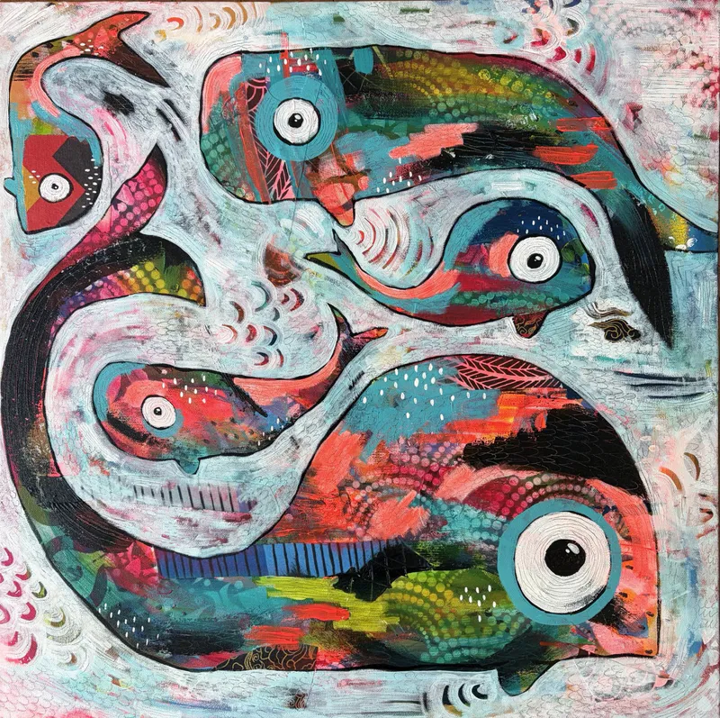 An original mixed media painting of whales by Jessie Macaw, available at The Little Gallery Tairua