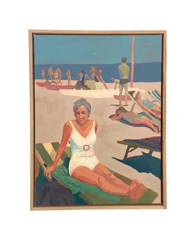 An original Acrylic painting of a lady sunbathing on a lounger by Tracey Finch, available at The Little Gallery Tairua
