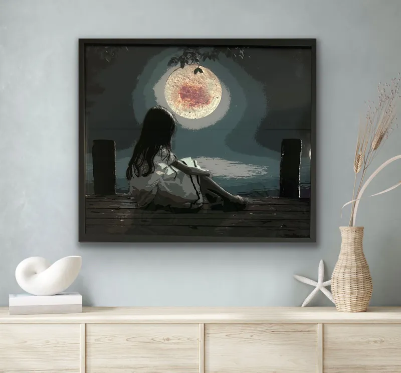 Painting of a girl on a jetty looking at the pink glittery moon, by Lisa Grennell, available at The Little Gallery in Whangamata
