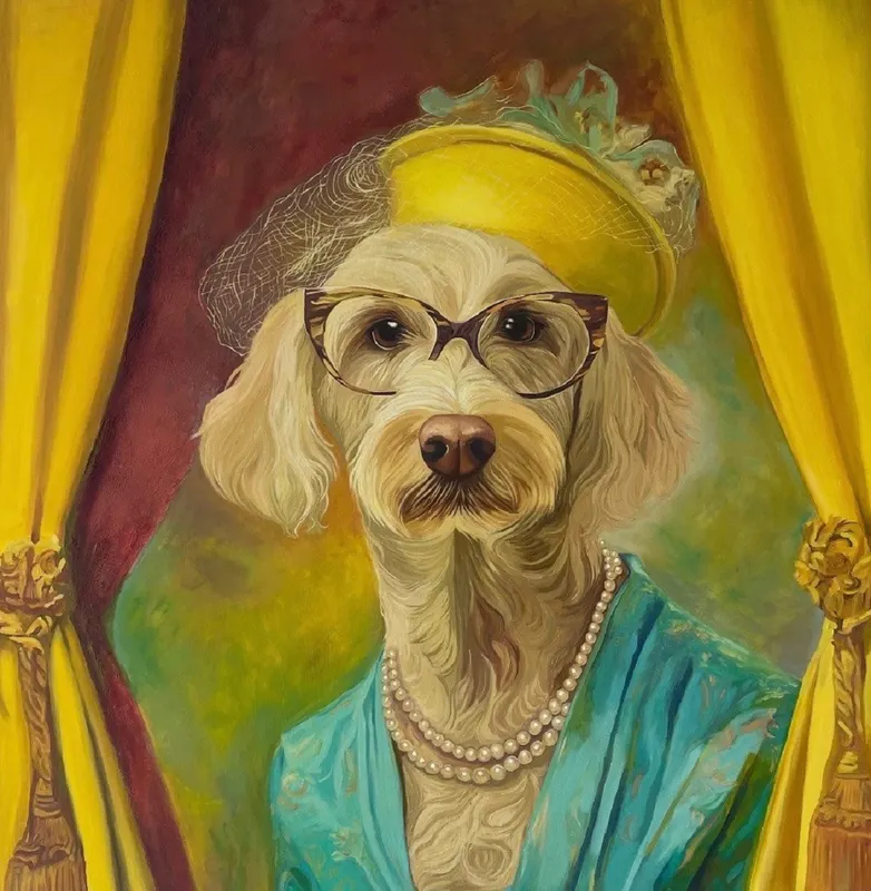 An original Mixed Media painting of a dog dressed in human clothing by Anita Gate, available at The Little Gallery Tairua