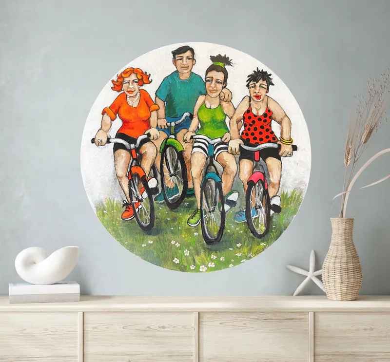 A fun painting of cyclists riding their bikes in the country by Heather Leonard available at The Little Gallery in Tairua