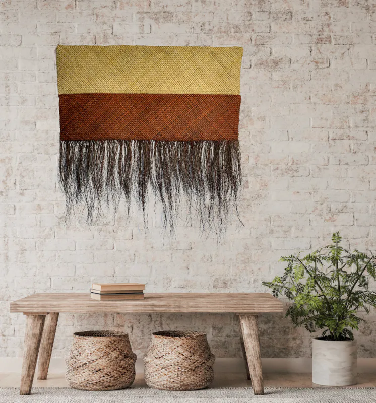 Handwoven dyed Harakeke traditional Maori artwork by New Zealand artist Bernie Ross, available at The Little Gallery Whangamata