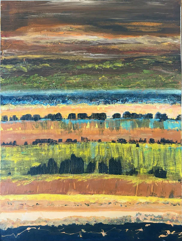 An original painting depicting the layered landscape of the Australian Outback by Tina Carey, available at The Little Gallery Tairua