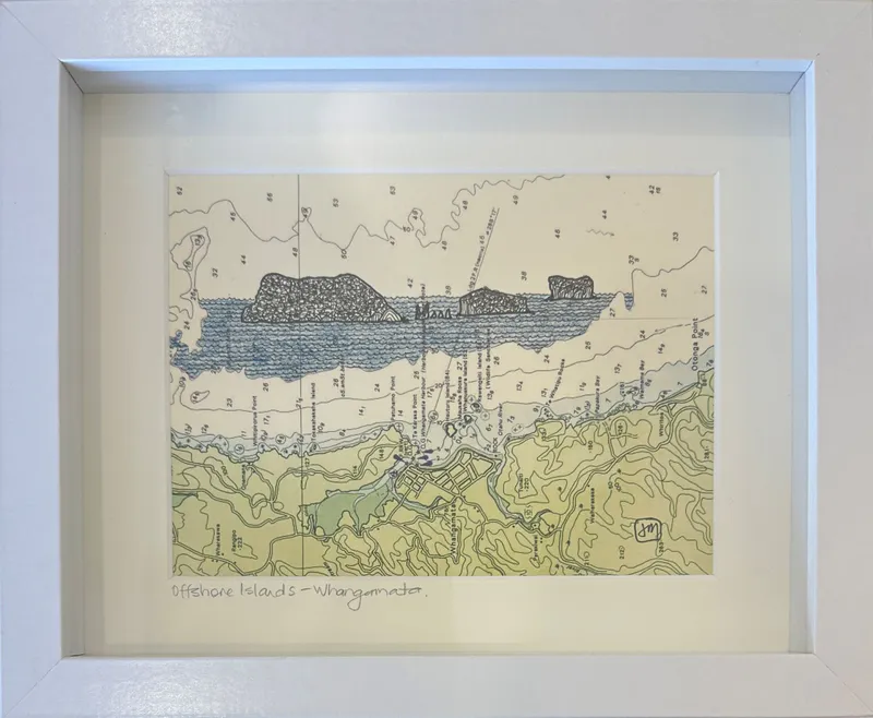 Marine chart with ink drawing of Whangamatā Islands by Joanne Mahoney, available from The Little Gallery Whangamatā