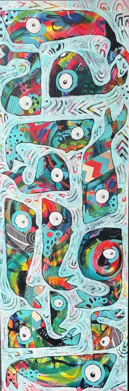 A colourful and playful painting with Whales swimming by Jessie Macaw, available at The Little Gallery Tairua