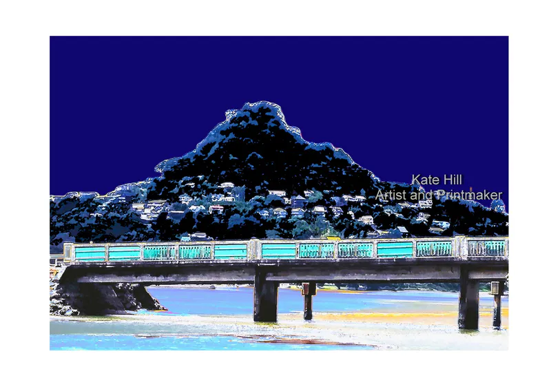 A beautiful artistic print of Paku and the old Pepe Bridge by Kate Hill, available at The Little Gallery Tairua