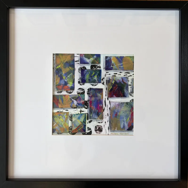 A fun colourful geometric artwork by Michael Harrison, available at The Little Gallery Tairua