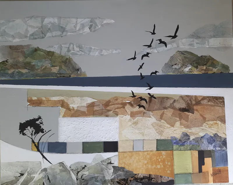 An abstracted painting of Whangamatā by Wendy Walls, available at The Little Gallery Whangamatā