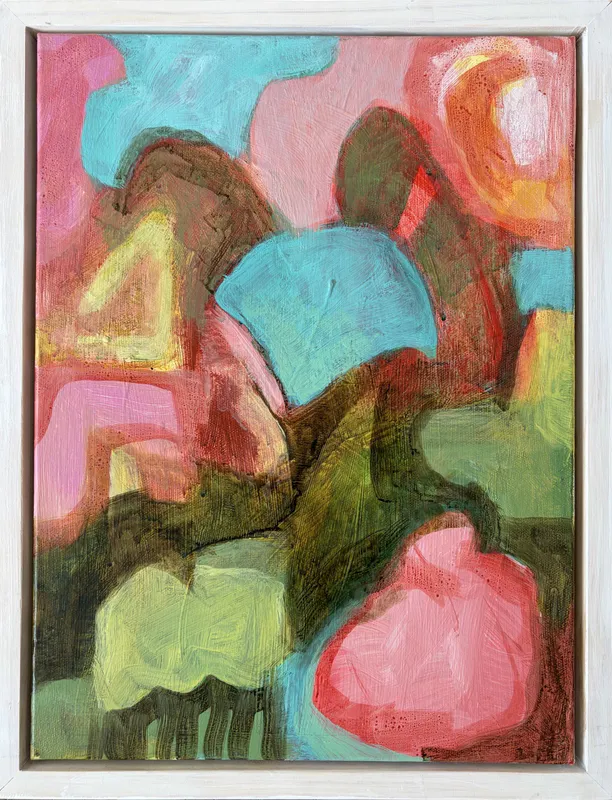 An original abstract painting with delicious bubblegum colours by Susan Dunster, available at The Little Gallery Tairua