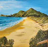 An Acrylic painting of Ocean Beach looking towards Paku by New Zealand artist Sue Foster, available at The Little Gallery Tairua