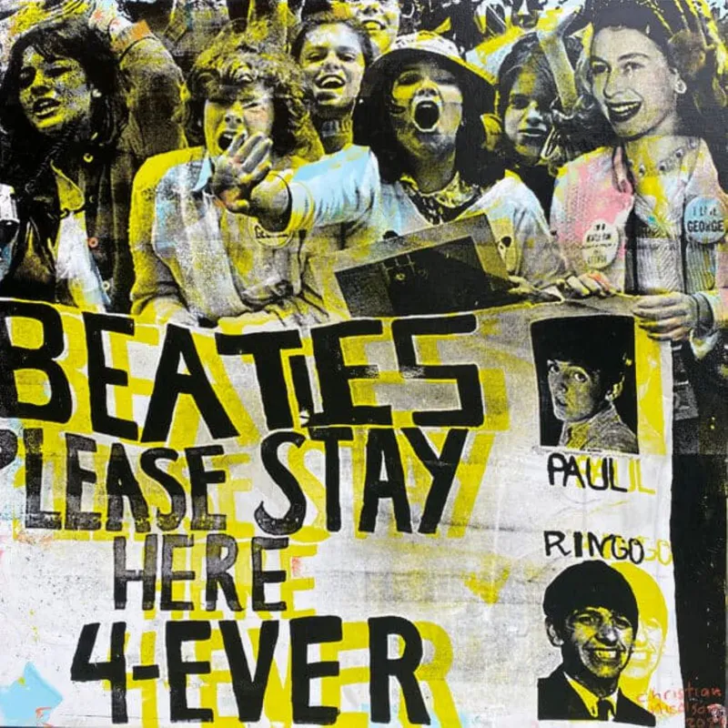 A Mixed Media painting of fans of The Beatles by New Zealand artist Christian Nocolson, available at The Little Gallery Tairua