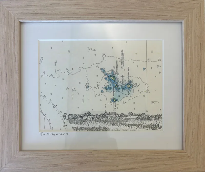 Marine chart with ink drawing of the Alderman Islands by Joanne Mahoney, available at The Little Gallery Tairua