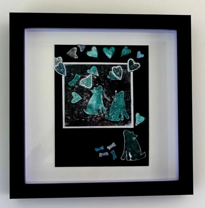A contemporary Monoprint collage artwork with dogs by New Zealand artist Kate Hill, available at The Little Gallery Tairua