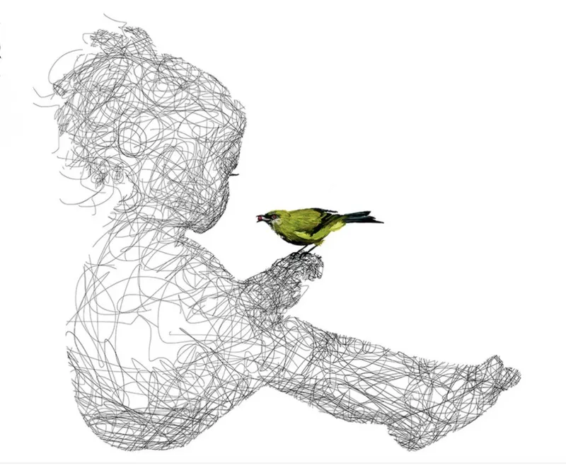 A linework print with a girl holding a Bellbird by Lisa Grennell, available at The Little Gallery Whangamatā