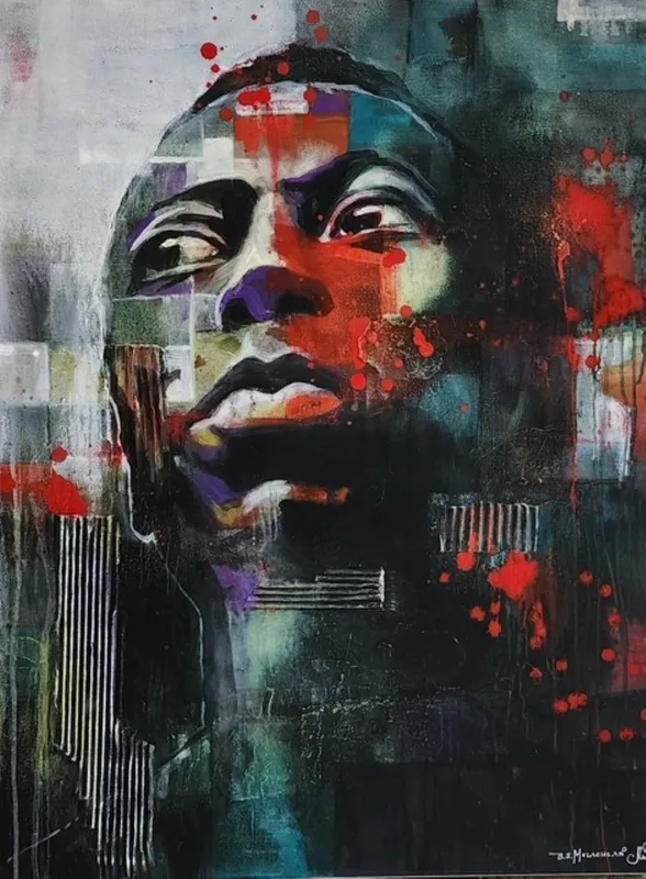 An original Mixed Media collaboration painting of Miles Davis by Julie Whyman and Bruce McLachlan, available at The Little Gallery Tairua